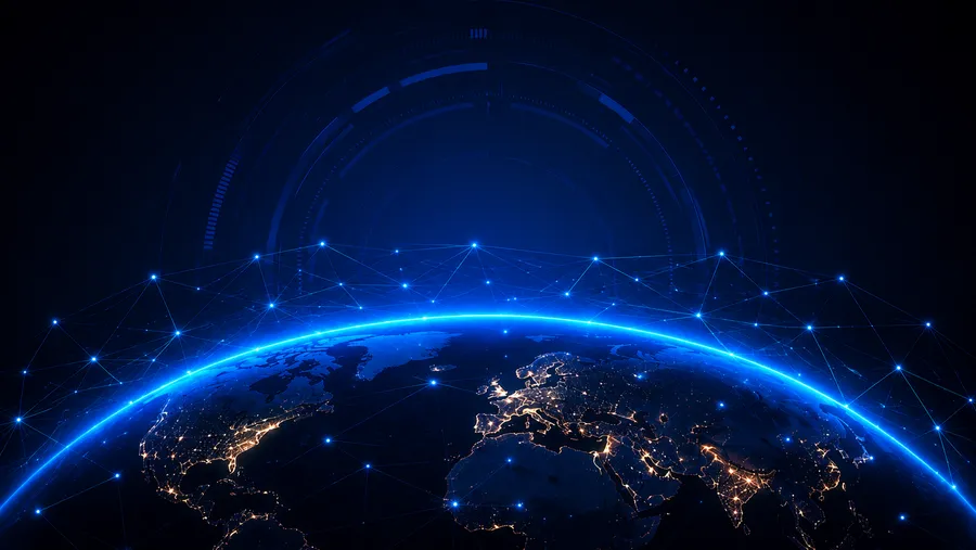 Glowing network connections circling the globe